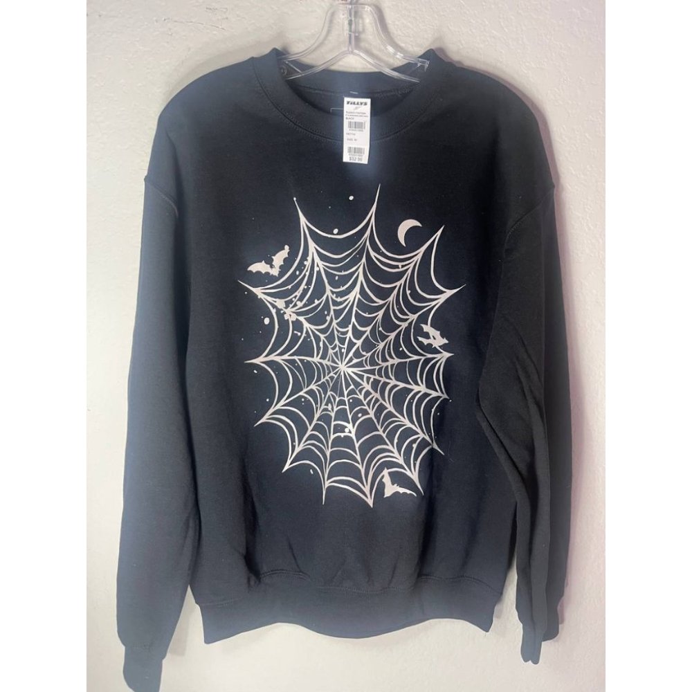 Unisex Classic Spiderweb White Photographic Print Sweatshirt Long Sleeve Black